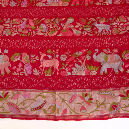 Red Georgette Bandhej Hand Woven Gold Resham Jaal Dupatta