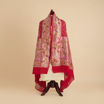 Red Georgette Bandhej Hand Woven Gold Resham Jaal Dupatta