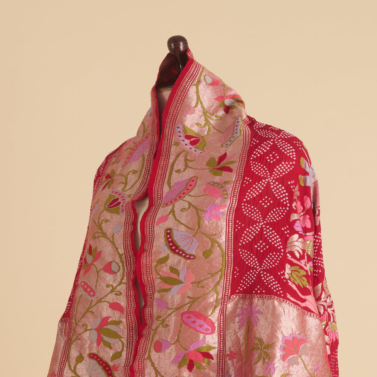 Red Georgette Bandhej Hand Woven Gold Resham Jaal Dupatta