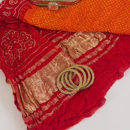 Red Orange Gaji Silk Bandhej Lagdi Patta Pallu Dupatta