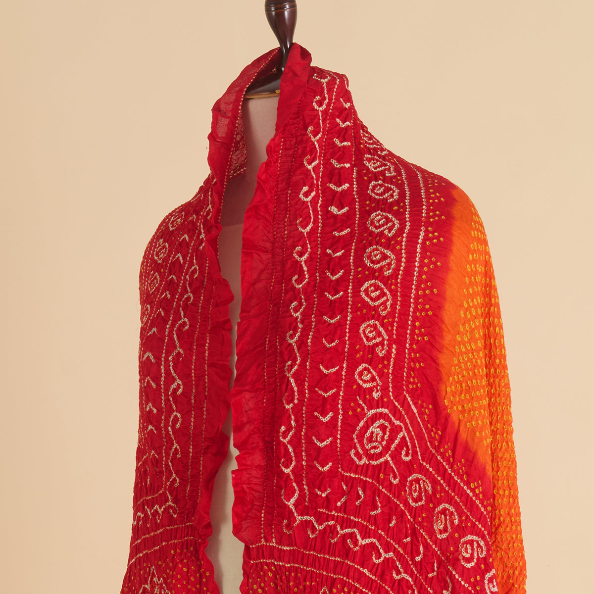Red Orange Gaji Silk Bandhej Lagdi Patta Pallu Dupatta