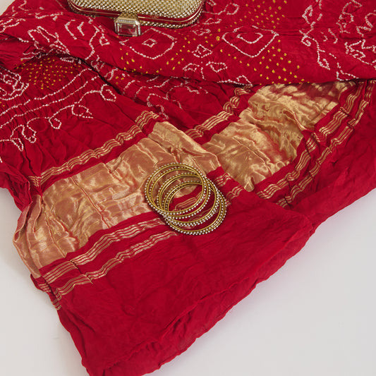 Red Gaji Silk Bandhej Lagdi Patta Pallu Dupatta