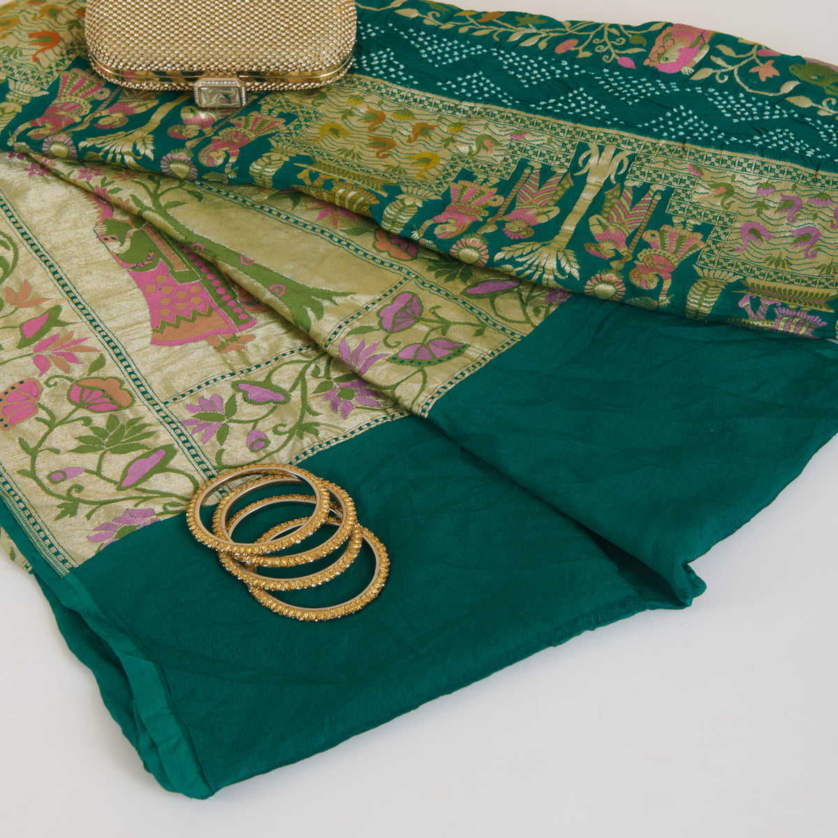Rama Green Georgette Bandhej Hand Woven Gold Resham Jaal Dupatta
