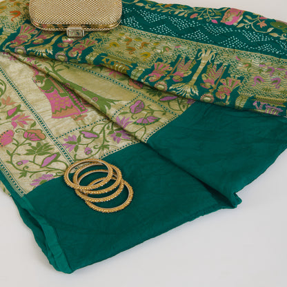 Rama Green Georgette Bandhej Hand Woven Gold Resham Jaal Dupatta
