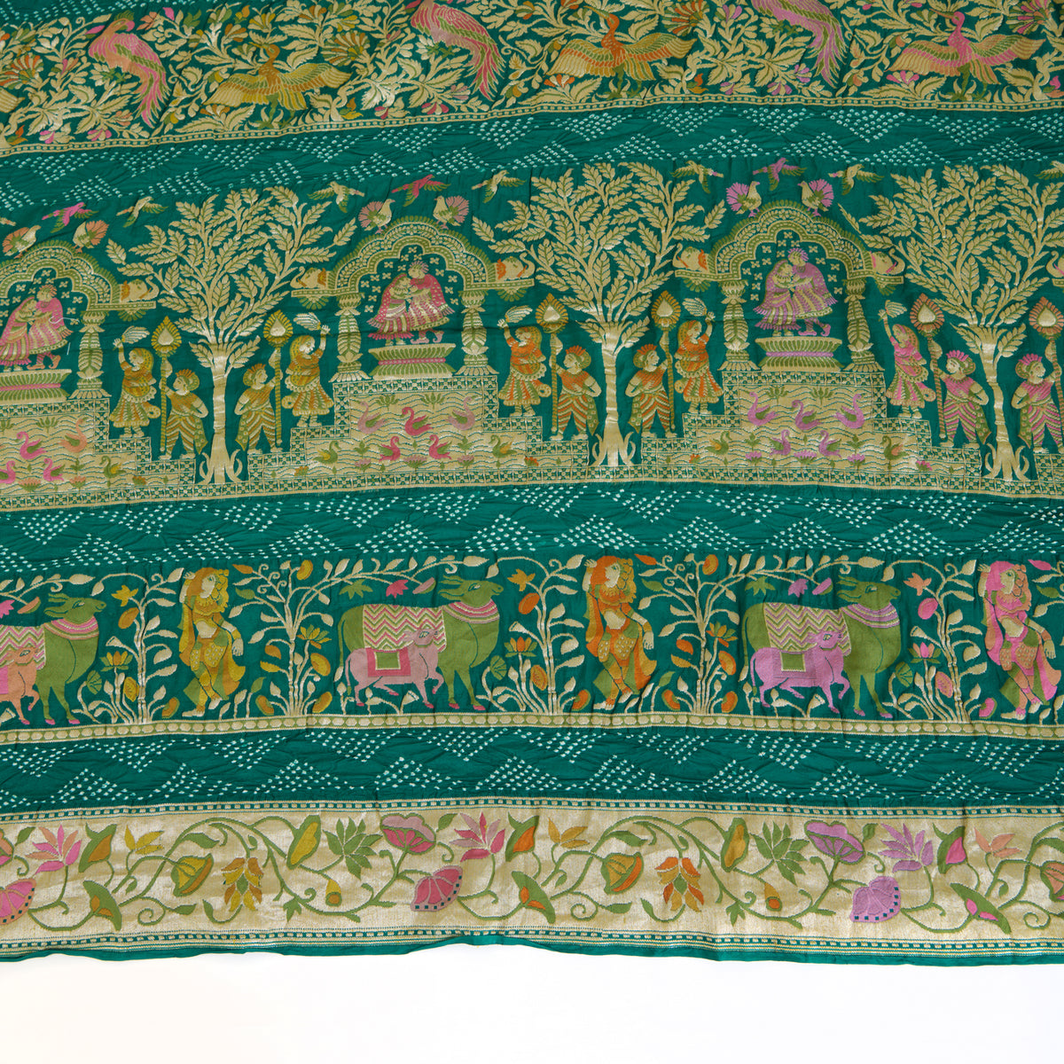 Rama Green Georgette Bandhej Hand Woven Gold Resham Jaal Dupatta