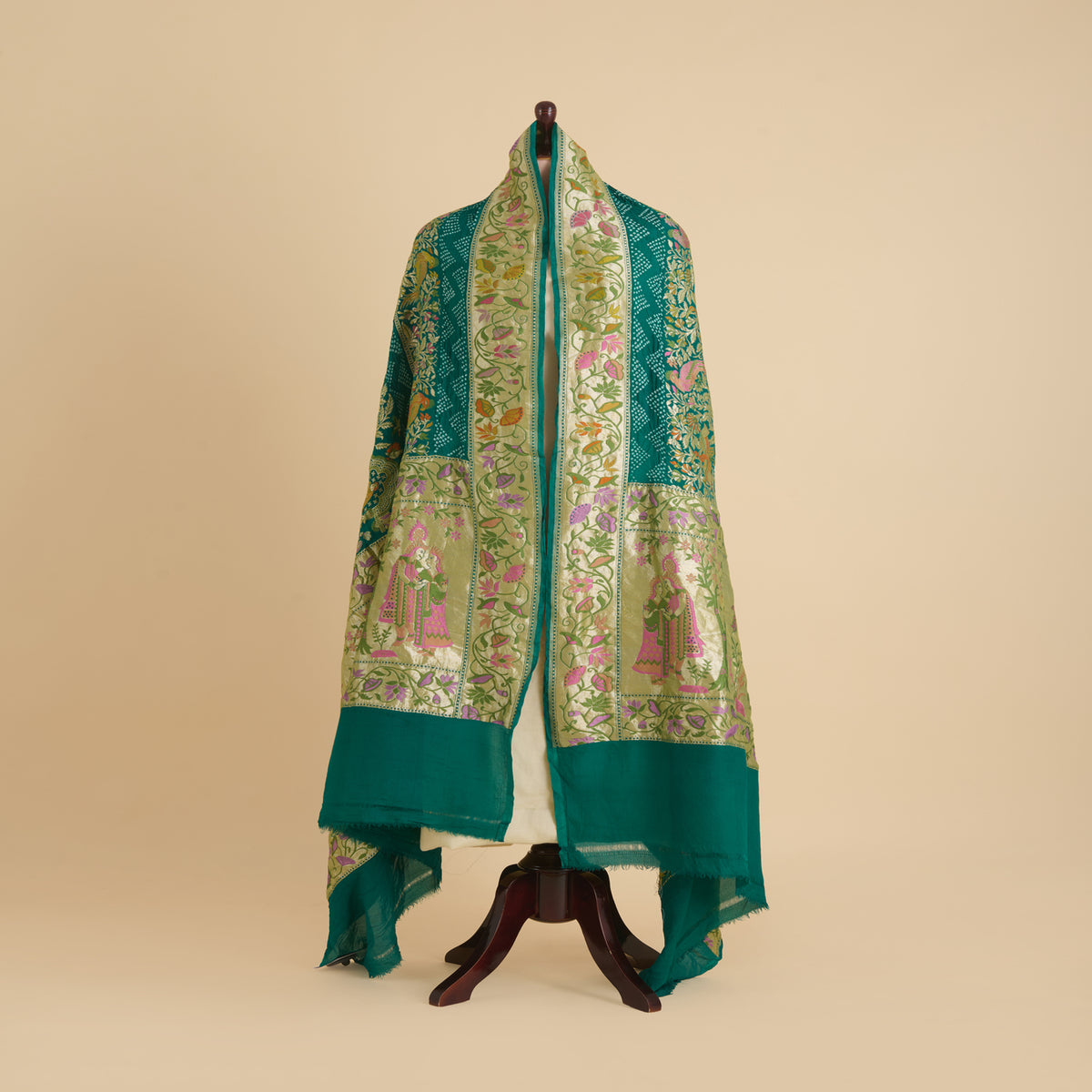Rama Green Georgette Bandhej Hand Woven Gold Resham Jaal Dupatta