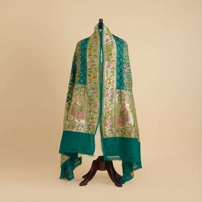 Rama Green Georgette Bandhej Hand Woven Gold Resham Jaal Dupatta