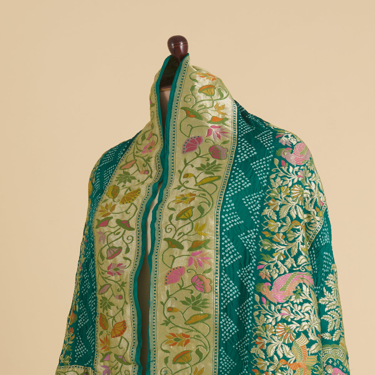 Rama Green Georgette Bandhej Hand Woven Gold Resham Jaal Dupatta