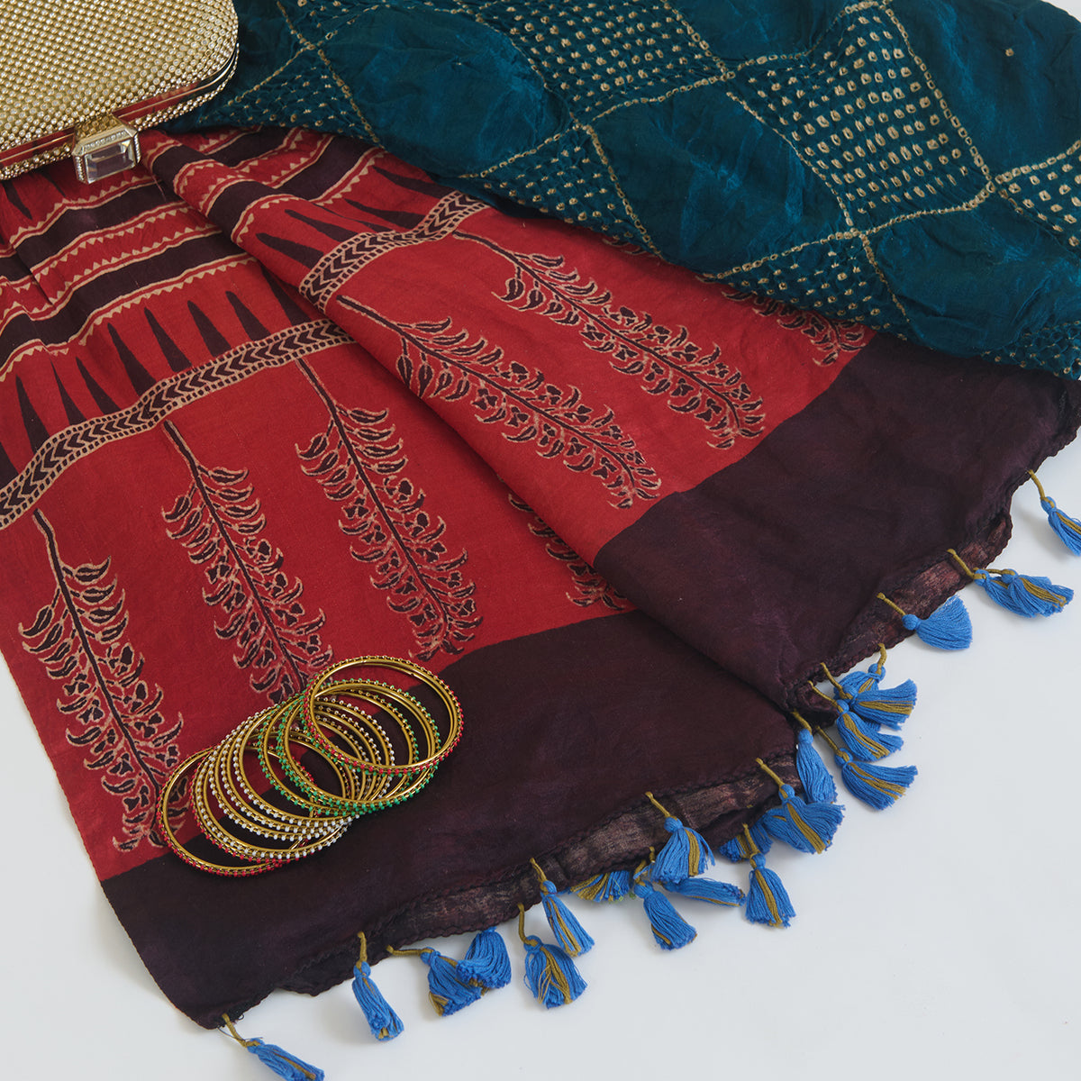 Red Blue Gajji Silk Bandhej Ajrakh Dupatta