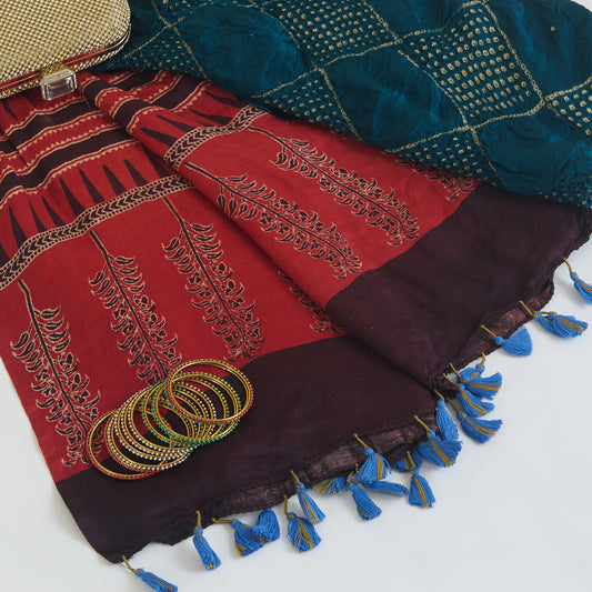 Red Blue Gajji Silk Bandhej Ajrakh Dupatta