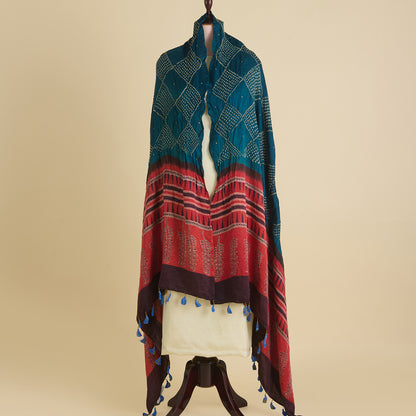 Red Blue Gajji Silk Bandhej Ajrakh Dupatta