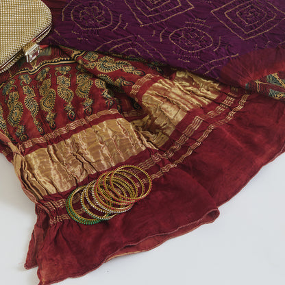 Rust Purple Gajji Silk Bandhej Ajrakh Dupatta