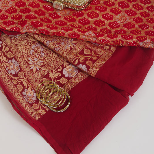 Red Maroon Georgette Bandhej Hand Woven Gold Geometric Dupatta
