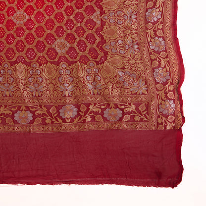 Red Maroon Georgette Bandhej Hand Woven Gold Geometric Dupatta