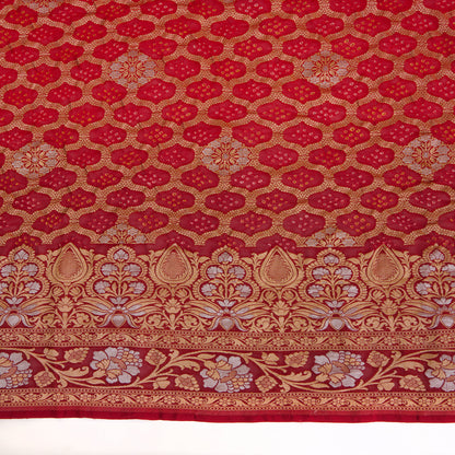 Red Maroon Georgette Bandhej Hand Woven Gold Geometric Dupatta