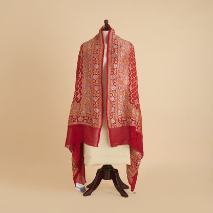 Red Maroon Georgette Bandhej Hand Woven Gold Geometric Dupatta