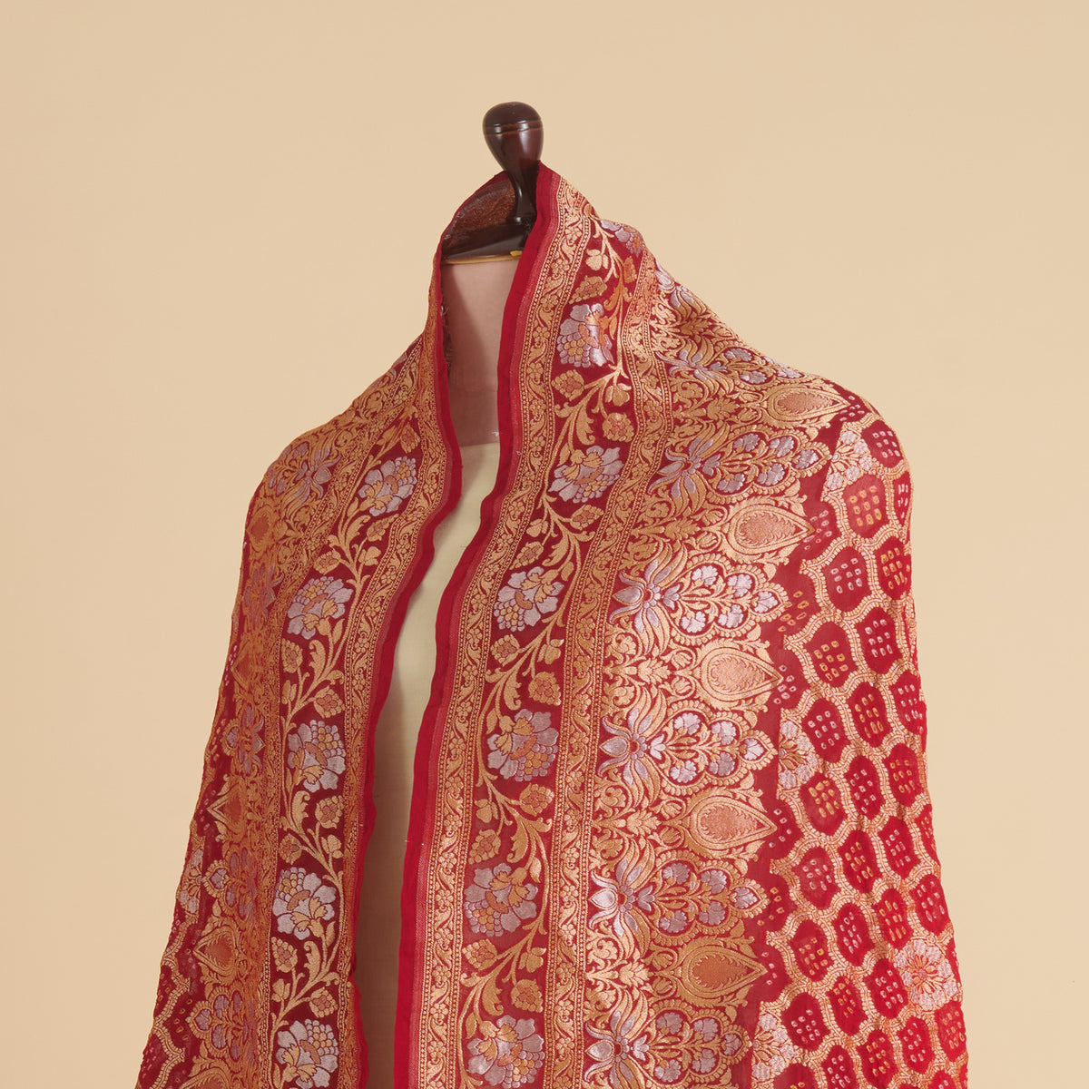 Red Maroon Georgette Bandhej Hand Woven Gold Geometric Dupatta