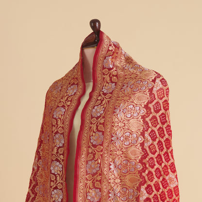 Red Maroon Georgette Bandhej Hand Woven Gold Geometric Dupatta