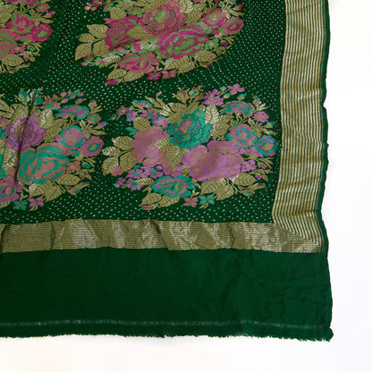 Bottle Green Georgette Bandhej Hand Woven Gold Border Dupatta