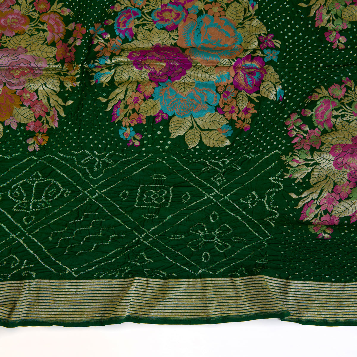 Bottle Green Georgette Bandhej Hand Woven Gold Border Dupatta