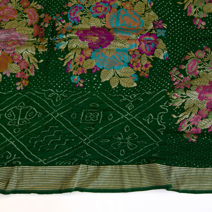 Bottle Green Georgette Bandhej Hand Woven Gold Border Dupatta