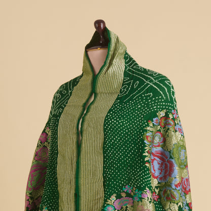 Bottle Green Georgette Bandhej Hand Woven Gold Border Dupatta