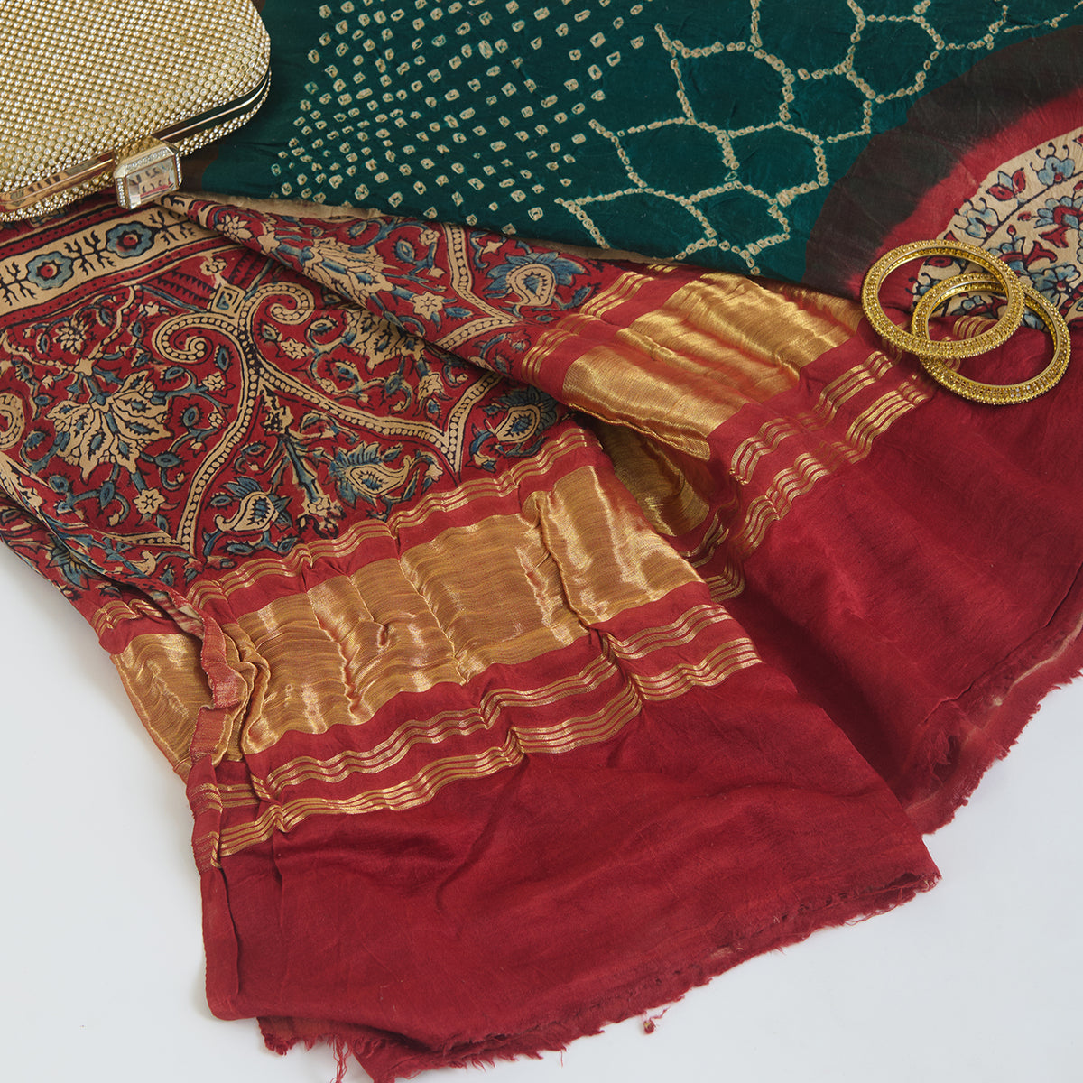Turquoise Green Gajji Silk Bandhej Ajrak Dupatta