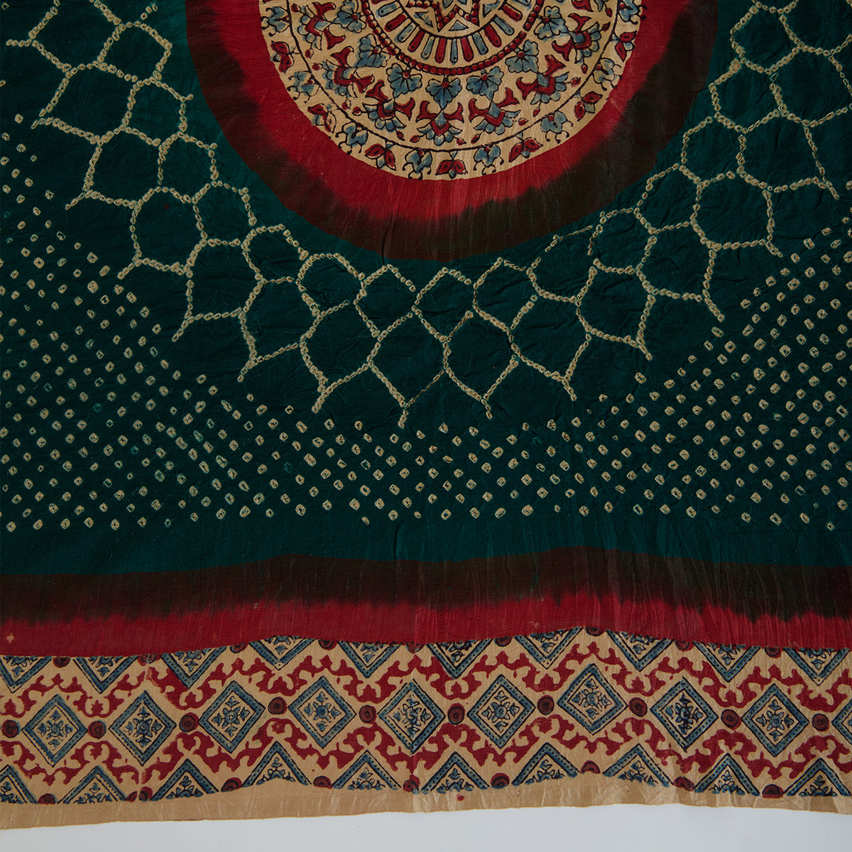 Turquoise Green Gajji Silk Bandhej Ajrak Dupatta