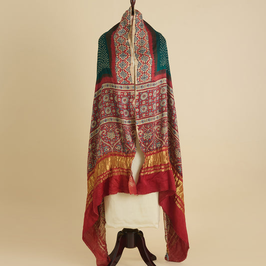Turquoise Green Gajji Silk Bandhej Ajrak Dupatta