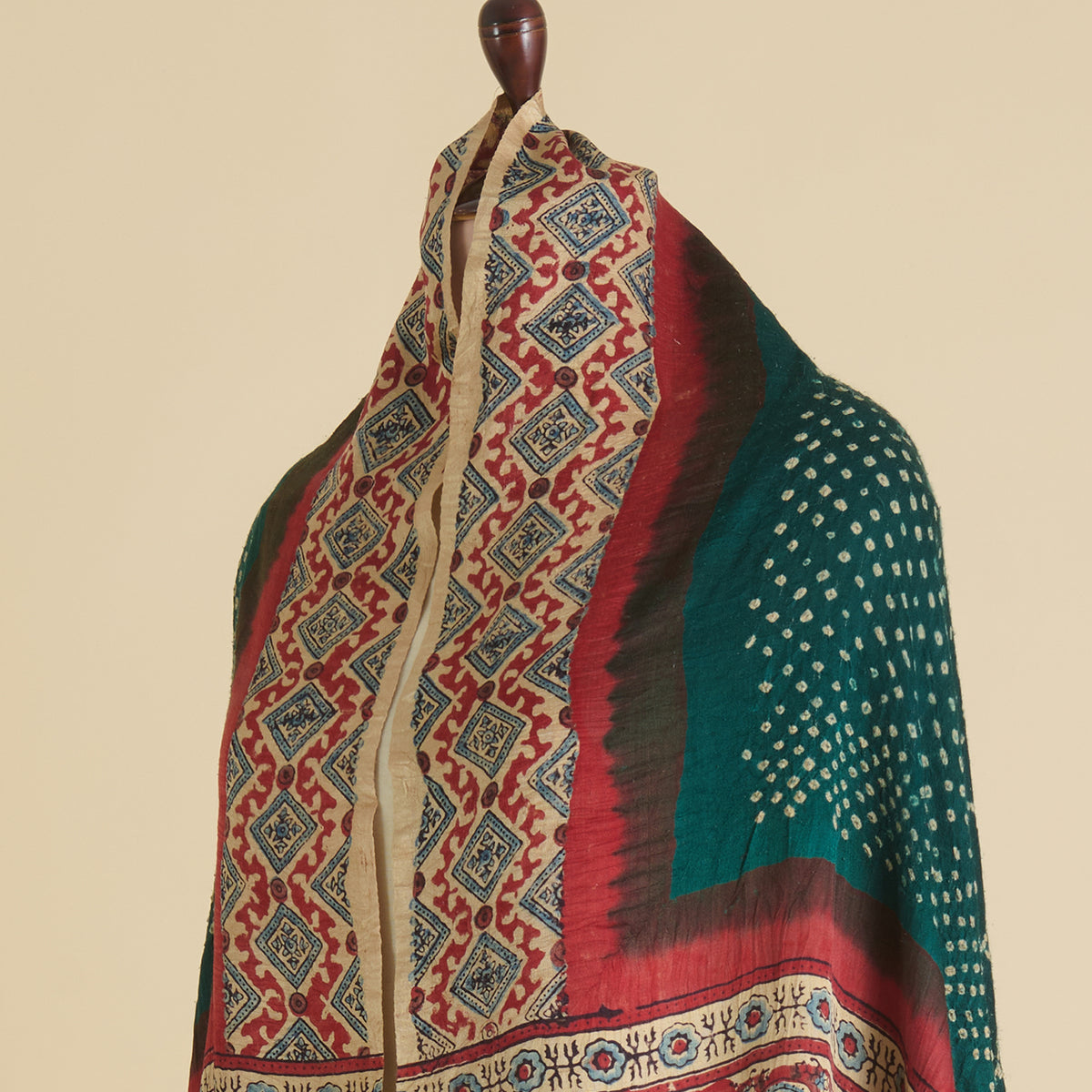 Turquoise Green Gajji Silk Bandhej Ajrak Dupatta