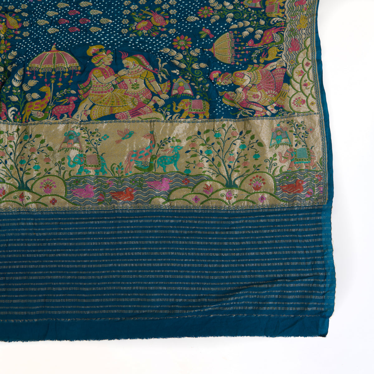 Teal Blue Georgette Bandhej Hand Woven Gold Resham Jaal Dupatta