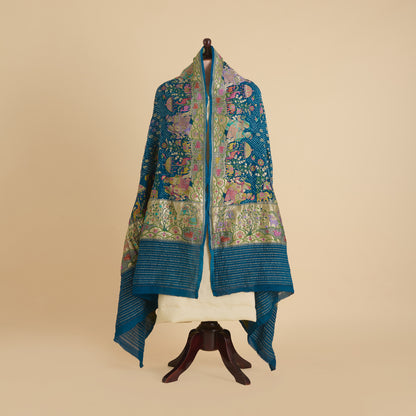 Teal Blue Georgette Bandhej Hand Woven Gold Resham Jaal Dupatta