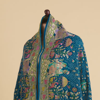 Teal Blue Georgette Bandhej Hand Woven Gold Resham Jaal Dupatta