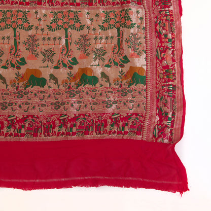 Tomato Pink Georgette Bandhej Hand Woven Jaal Gold Border Dupatta