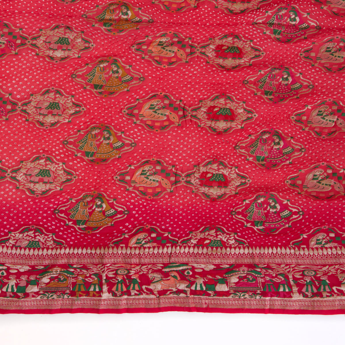 Tomato Pink Georgette Bandhej Hand Woven Jaal Gold Border Dupatta
