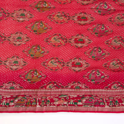Tomato Pink Georgette Bandhej Hand Woven Jaal Gold Border Dupatta