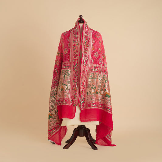 Tomato Pink Georgette Bandhej Hand Woven Jaal Gold Border Dupatta