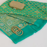 Turquoise Blue Georgette Bandhej Hand Woven Gold Geometric Dupatta