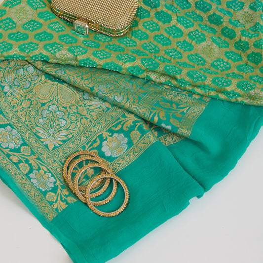 Turquoise Blue Georgette Bandhej Hand Woven Gold Geometric Dupatta