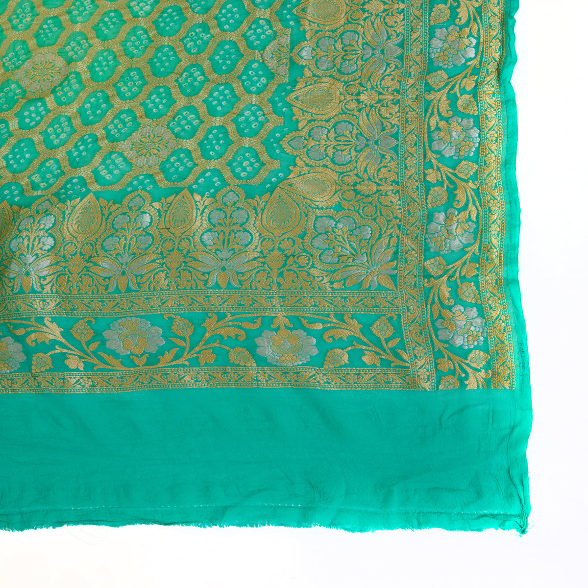 Turquoise Blue Georgette Bandhej Hand Woven Gold Geometric Dupatta