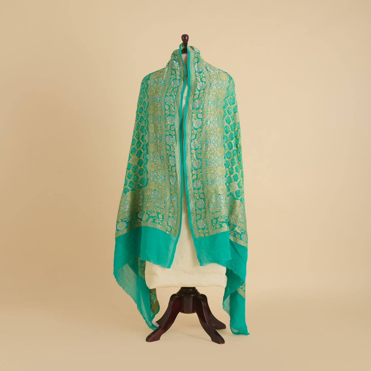 Turquoise Blue Georgette Bandhej Hand Woven Gold Geometric Dupatta