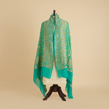 Turquoise Blue Georgette Bandhej Hand Woven Gold Geometric Dupatta