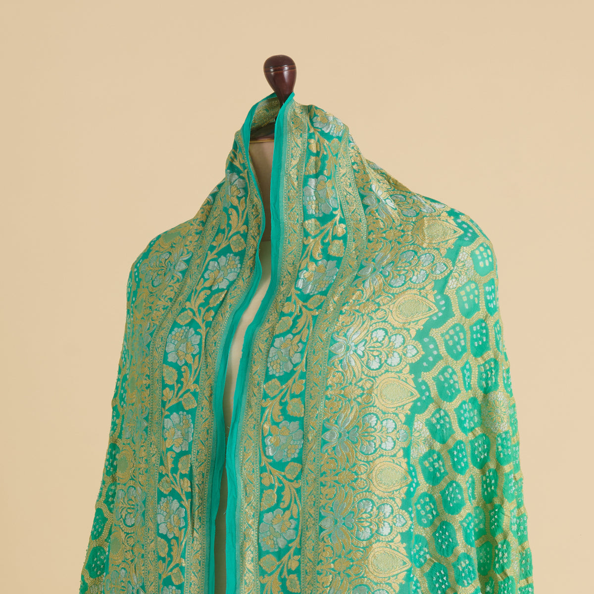 Turquoise Blue Georgette Bandhej Hand Woven Gold Geometric Dupatta