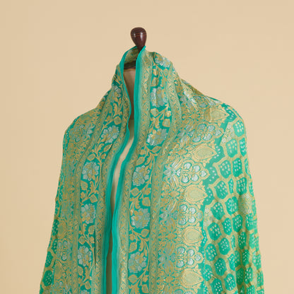 Turquoise Blue Georgette Bandhej Hand Woven Gold Geometric Dupatta