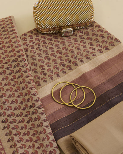 Beige Brown Ghicha Tussar Printed Suit Set with Dupatta