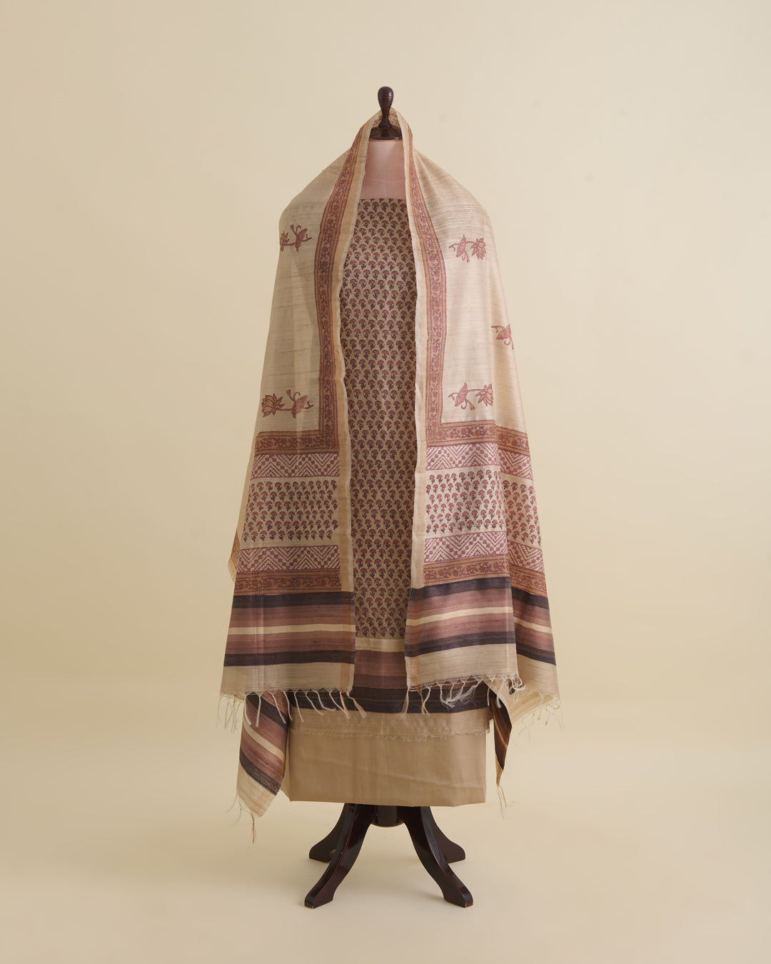 Beige Brown Ghicha Tussar Printed Suit Set with Dupatta