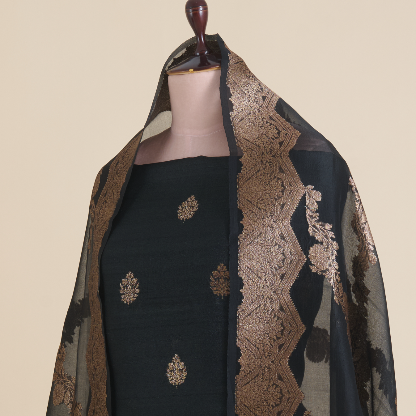 Black Gicha Tussar Hand Woven Kurta Set