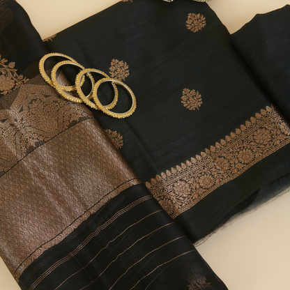 Black Gicha Tussar Hand Woven Kurta Set