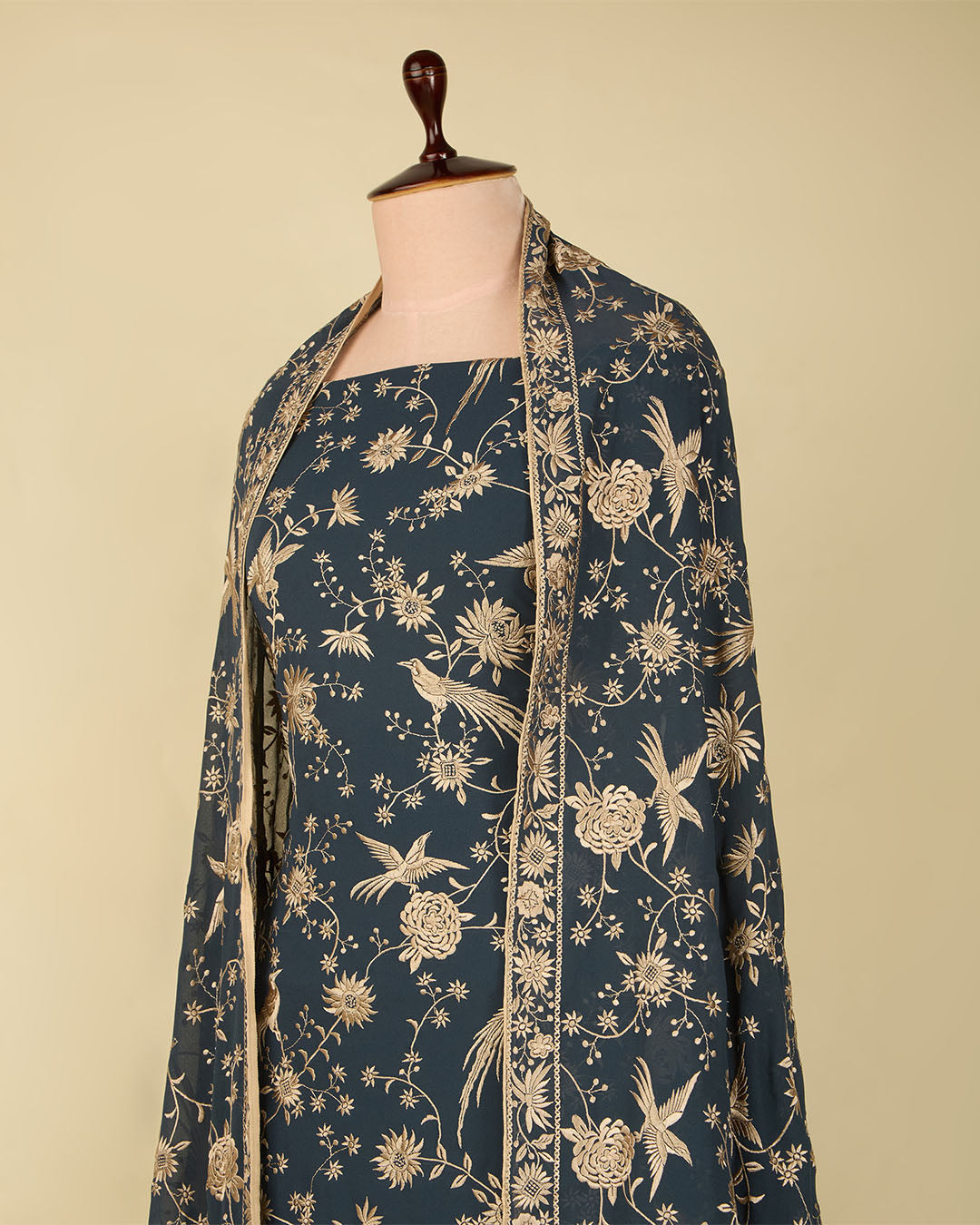 Bluish Grey Viscose Georgette Suit with Parsi Embroidery