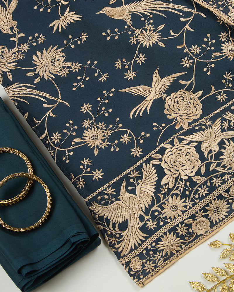 Bluish Grey Viscose Georgette Suit with Parsi Embroidery